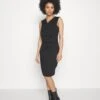 Drapped Neckline Smart Bodycon Sleeveless Mini Dress - Jerseyjurk - Black