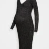 Lurex V Ausschnitt Ripp Midi Bodycon Strickkleid - Gebreide Jurk - Black