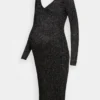 Lurex V Ausschnitt Ripp Midi Bodycon Strickkleid - Gebreide Jurk - Black