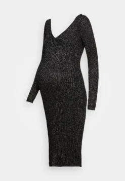 Lurex V Ausschnitt Ripp Midi Bodycon Strickkleid - Gebreide Jurk - Black